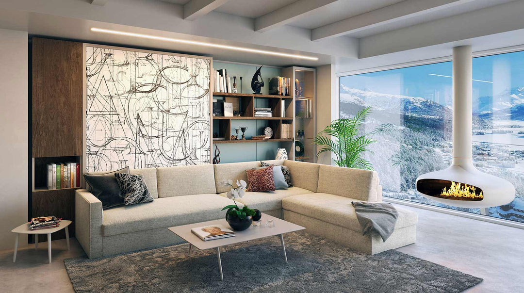 Modern living room with a beige sectional sofa Murphy bed, coffee table, and decorative elements.