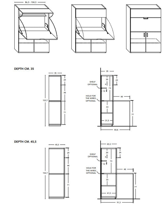 Technical drawings of the Smart Office cabinet with dimensions on a white background