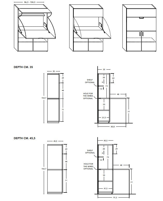 Technical drawings of the Smart Home Office with dimensions on a white background