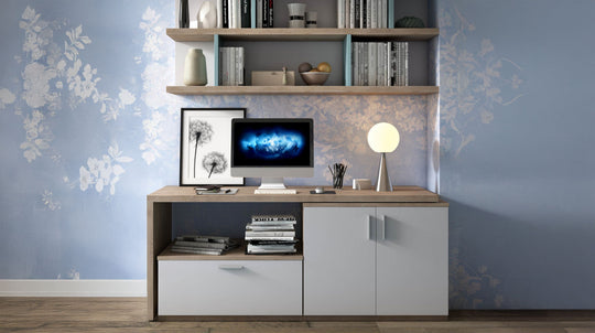 Modern entertainment rotating console with shelves against a decorative wall.