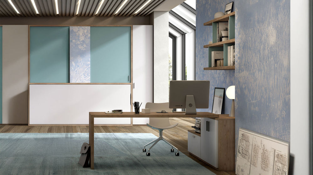 Modern rotating console turning into office desk with computer setup in a stylish room.