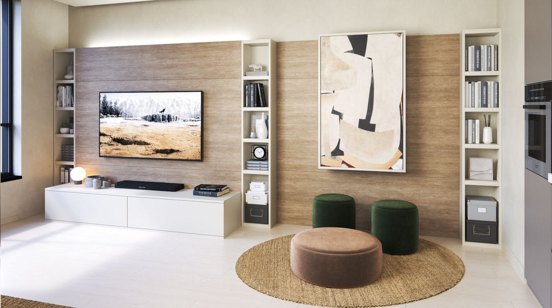 Modern living room with a television, bookshelves and foldaway Odil table