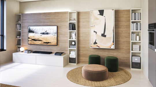 Modern living room with a television, bookshelves and foldaway Odil table