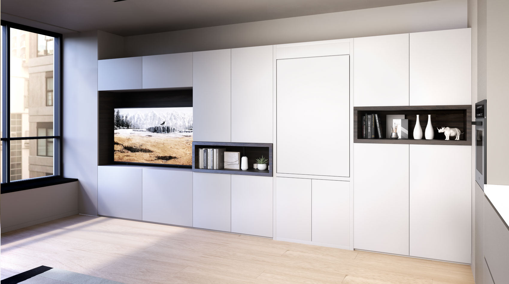 Modern foldaway table inwhite cabinets, black shelves, and a large window.