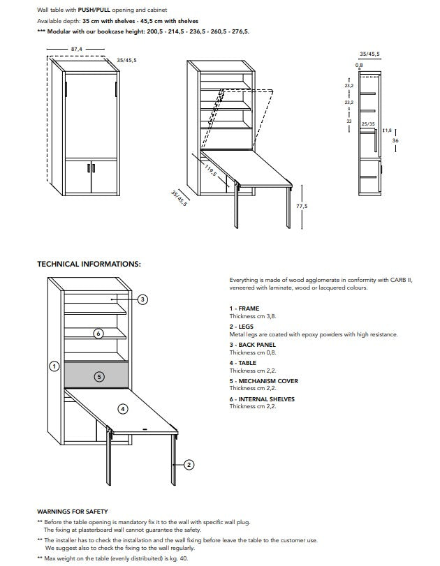 Technical drawing of a foldaway table with shelves and cabinet