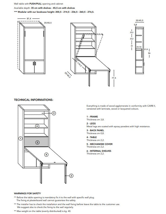 Technical drawing of a foldaway table with shelves and cabinet