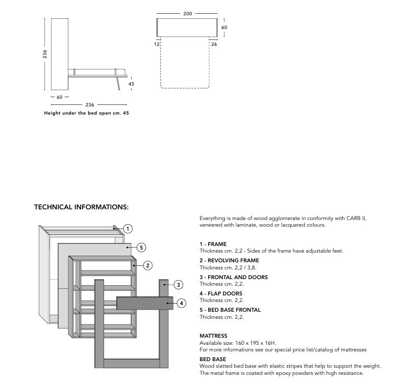 Technical diagram and specifications of  Metropolis swivel bed frame system on a white background