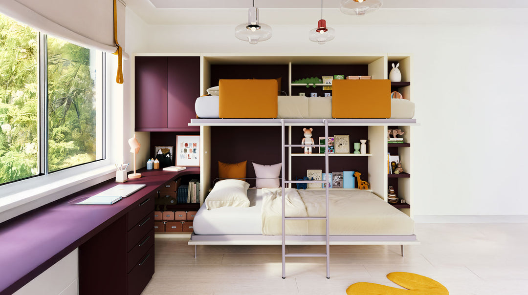 Flap bunk bed, desk, storage unit and bookshelf.