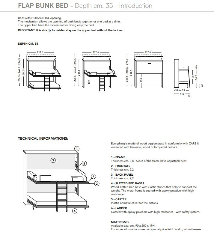 Suggestion
Technical specifications and diagrams of the Flap bunk bed with dimensions and materials listed.