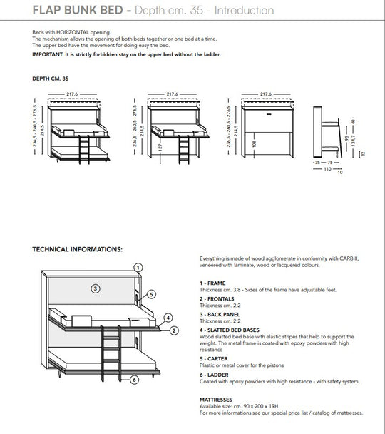 Suggestion
Technical specifications and diagrams of the Flap bunk bed with dimensions and materials listed.
