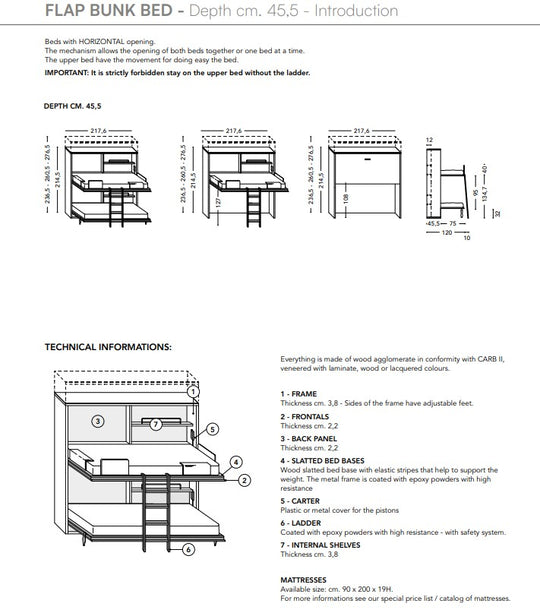 Technical specifications and dimensions of a Flap bunk bed on a white background