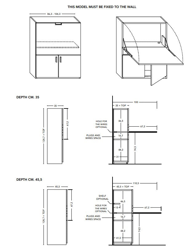 Technical drawings of a home office dimensions and installation instructions.