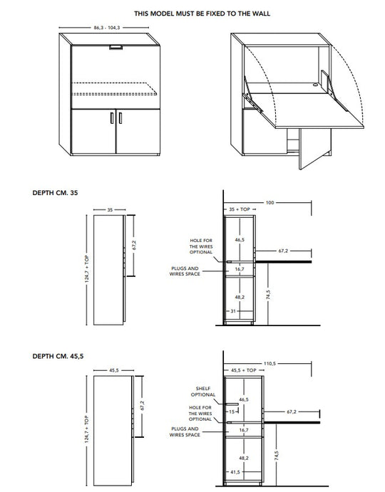 Technical drawings of a home office dimensions and installation instructions.