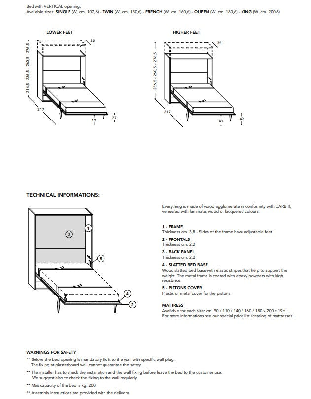 Technical diagram and specifications of the City Deks wall bed.