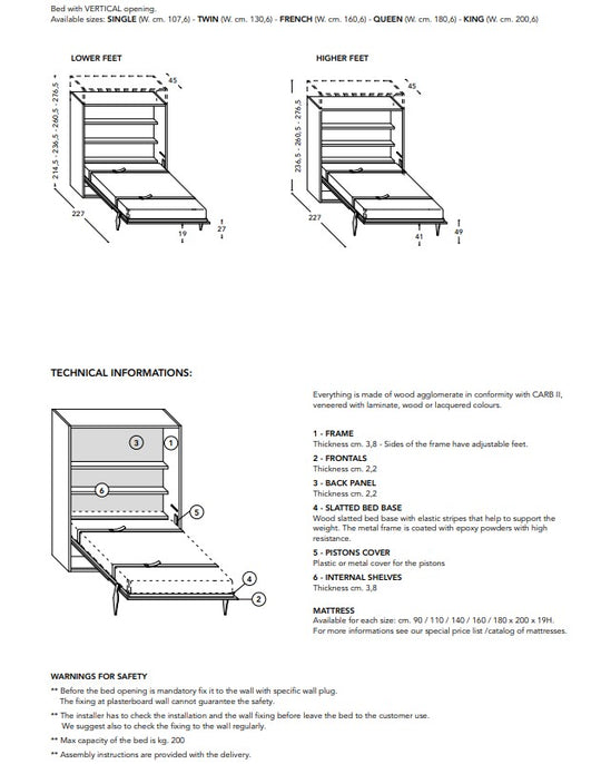 Technical diagram and specifications of City Desk wall bed frame with dimensions and assembly instructions.