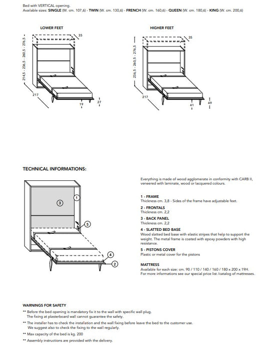 Technical diagram and specifications of the City Dining wall bed with adjustable feet on a white background