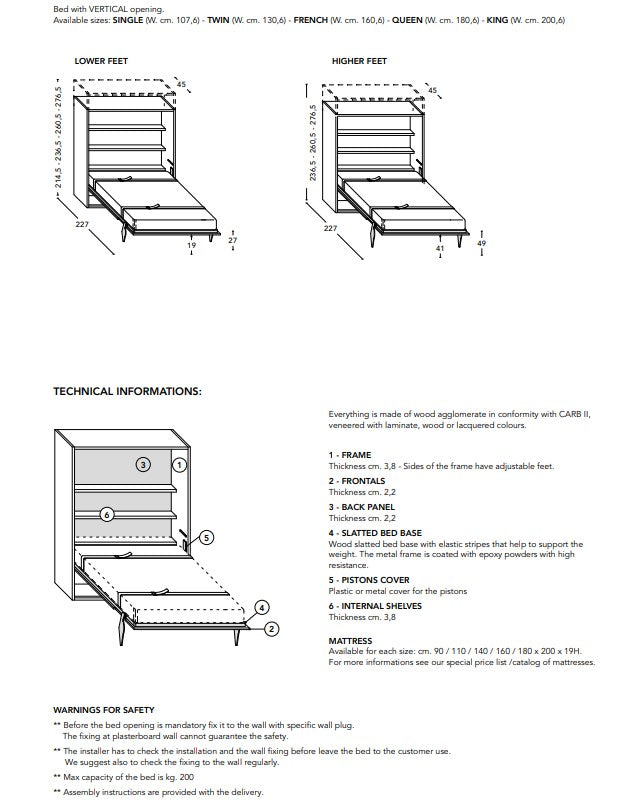 Technical diagram and specifications of the City Dining wall bed with dimensions and assembly instructions.