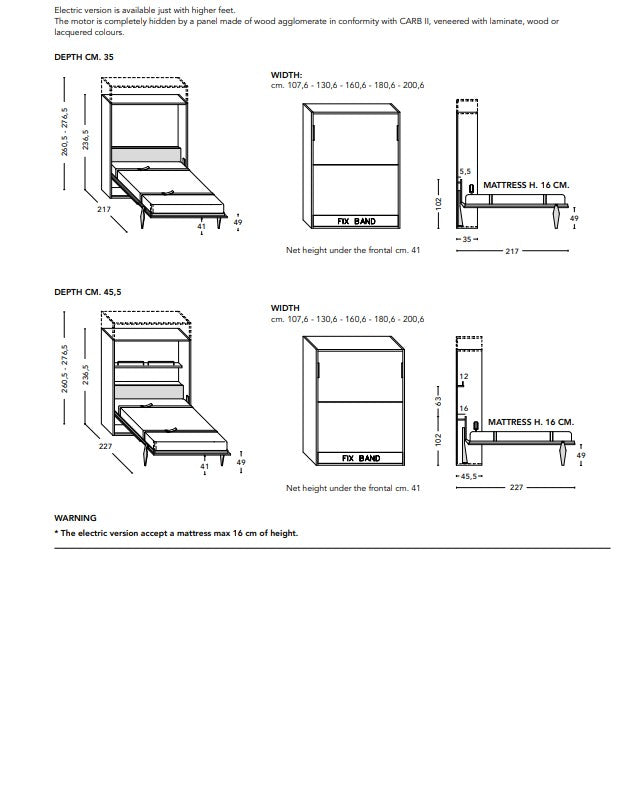 Technical drawing of the City Dining wall bed with dimensions and specifications
