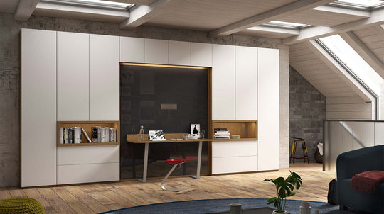 Modern office space with the City Desk wall bed in white and wooden desk.