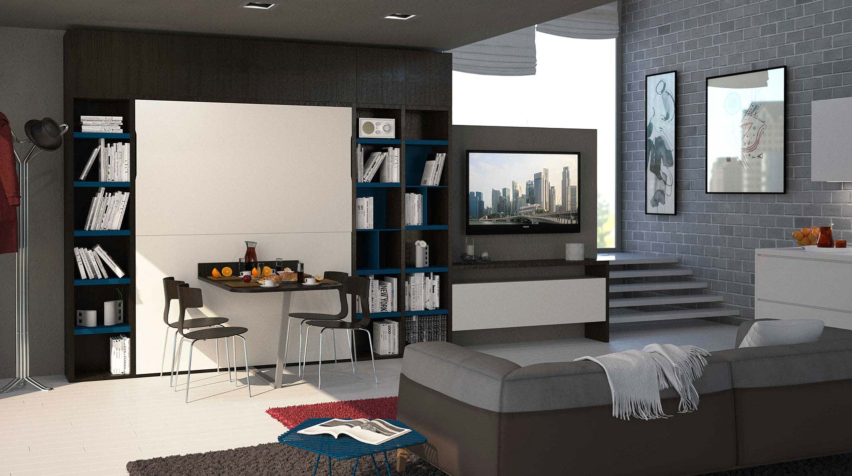 Modern living room featuring the City Dining wall bed, with bbookshelves, and a television.