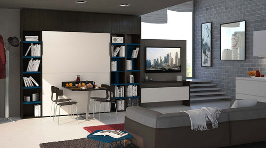 Modern living room featuring the City Dining wall bed, with bbookshelves, and a television.