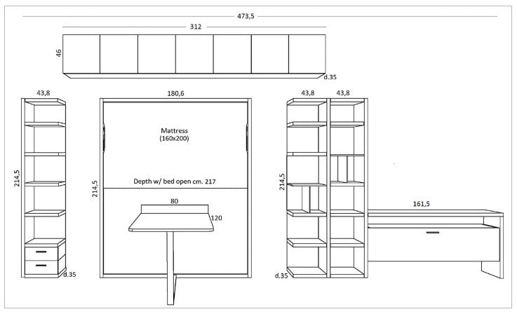 Technical drawing of the City Dining wall bed with dimensions.