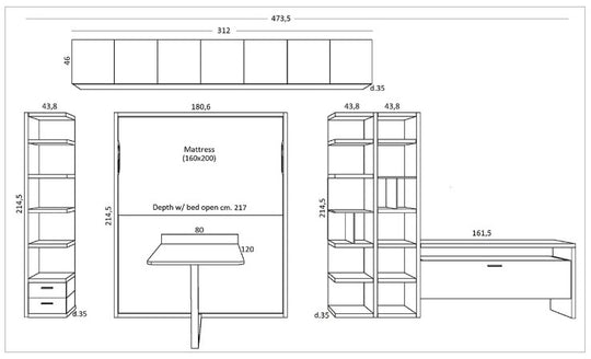 Technical drawing of the City Dining wall bed with dimensions.