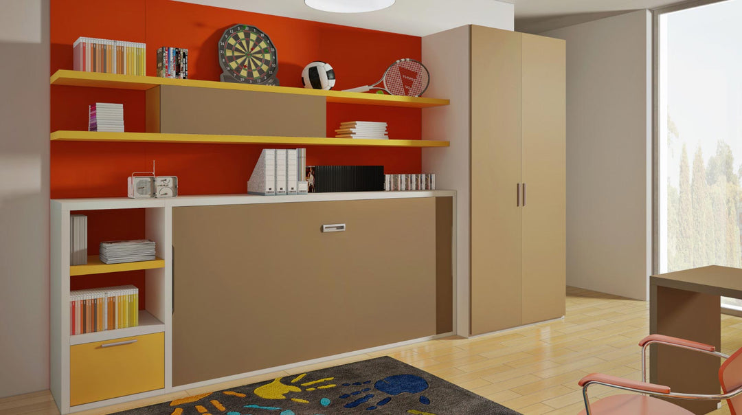 Flap single horizontal wall bed with bookshelf and wardrobe.