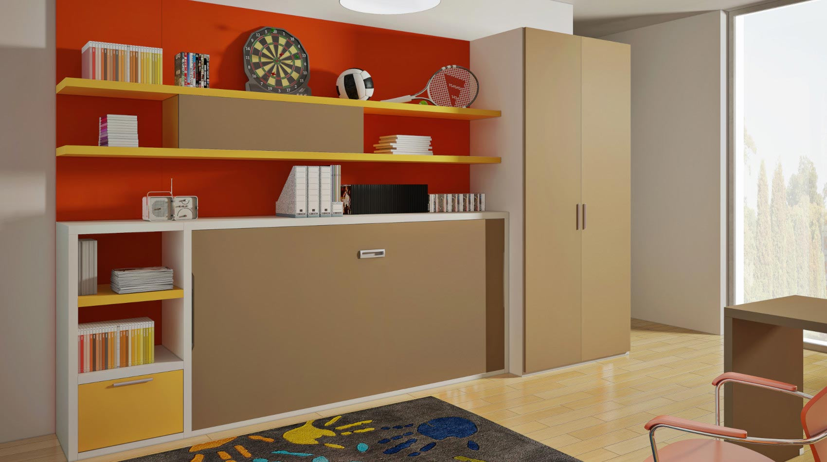 Flap single horizontal wall bed with bookshelf and wardrobe.