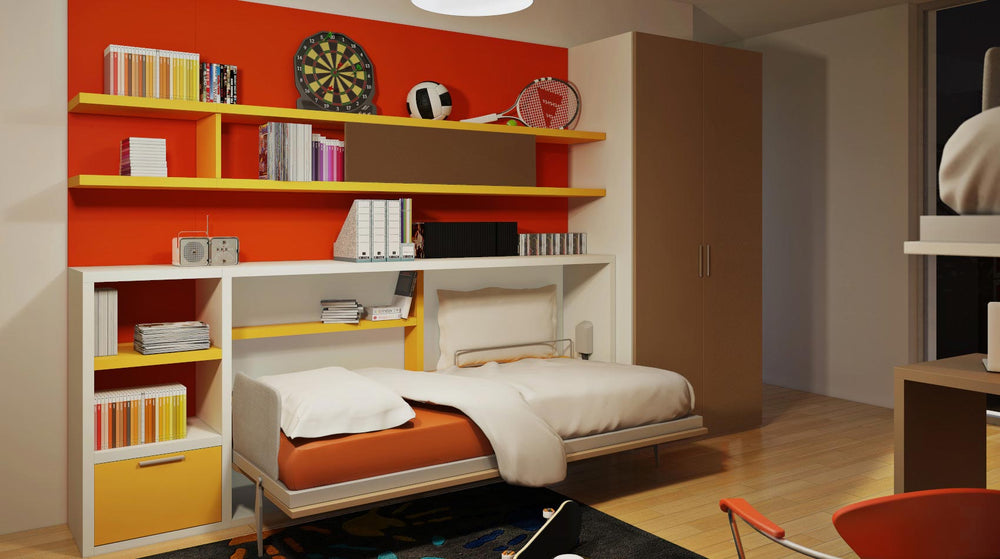 Flap single horizontal murphy bed with bookshelf and wardrobe 