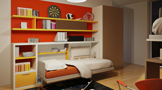 Flap single horizontal murphy bed with bookshelf and wardrobe 