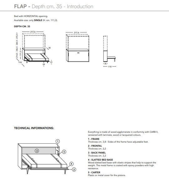Technical diagram of the Flap single horizontal wall bed with dimensions and components on a white background