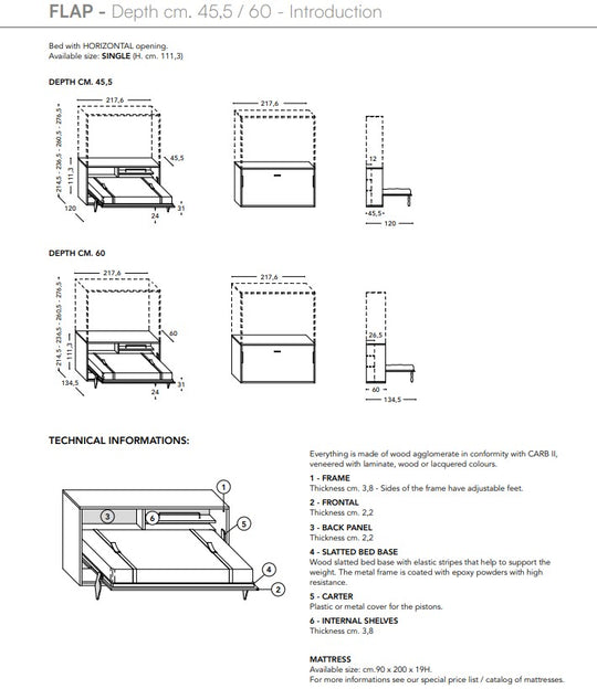 Technical drawings and specifications of the Flap single horizontal wall bed with dimensions 