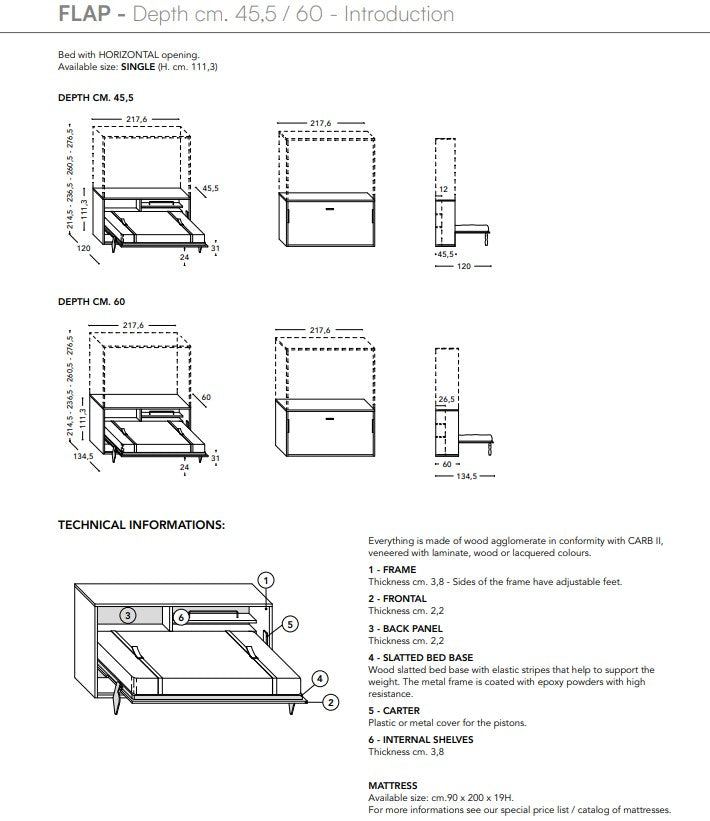 Technical drawings and specifications of the Flap Board Single wall bed.