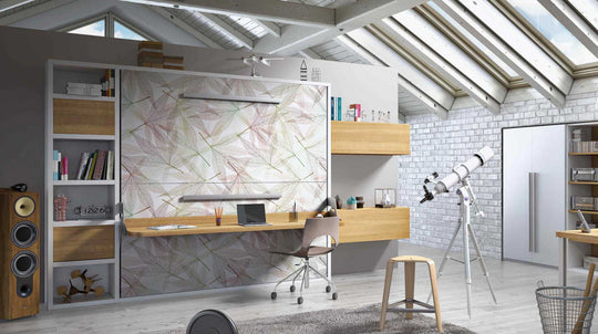 Modern Flap Board bunk bed, with bookshelf and storage unit.