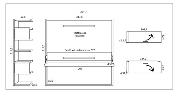 Diagram of the Flap Board bunk bed with dimensions labeled