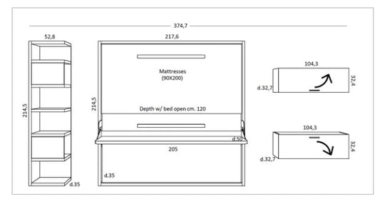 Diagram of the Flap Board bunk bed with dimensions labeled