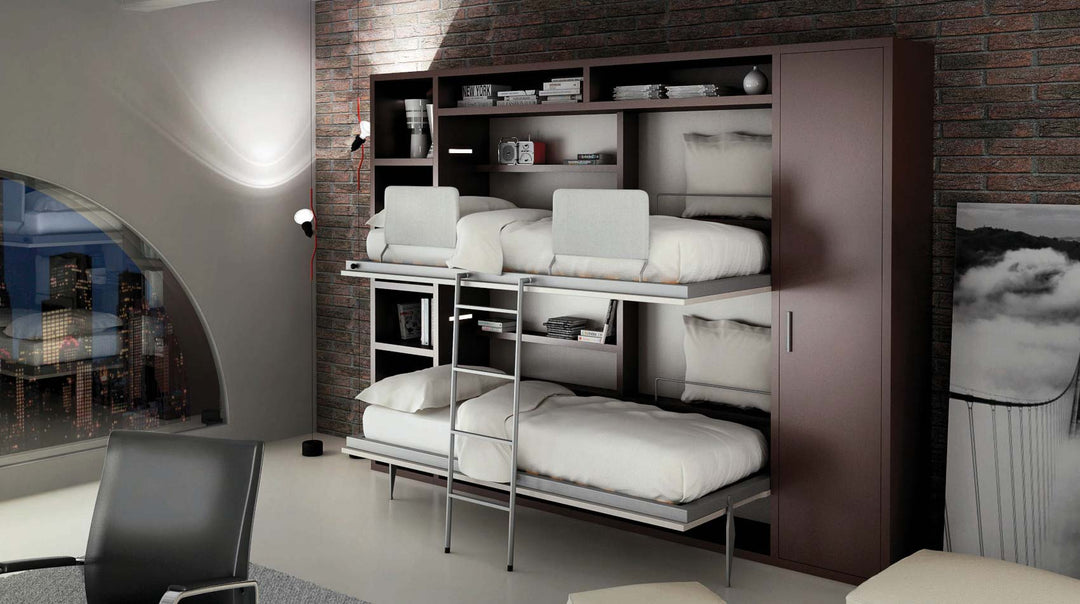 Flap Bunk Bed with storage cabinets and bookshelf in a modern room setting