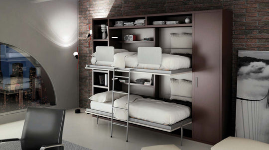 Flap Bunk Bed with storage cabinets and bookshelf in a modern room setting