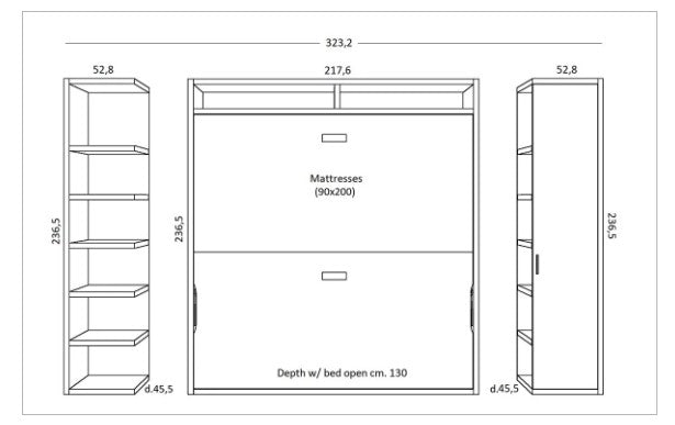 Technical drawing of a bedroom with our Flap bunk bed setup with dimensions labeled