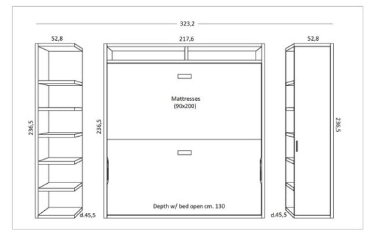 Technical drawing of a bedroom with our Flap bunk bed setup with dimensions labeled