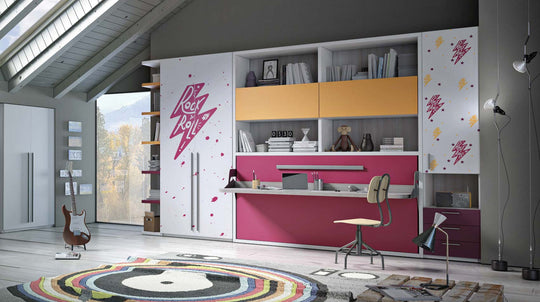 Flap Board Single wall bed, study desk, with shelves, white and pink storage unit and wardrobe 