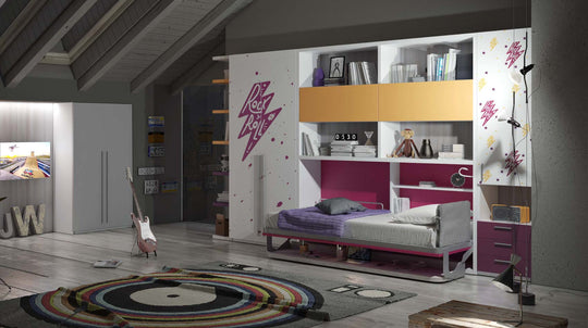 Modern bedroom with the Flap Board Single wall bed, shelves, storage unit and wardrobe
