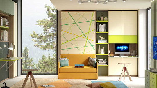 Modern living room with yellow sofa wall bed, bookshelf and Smart Office.
