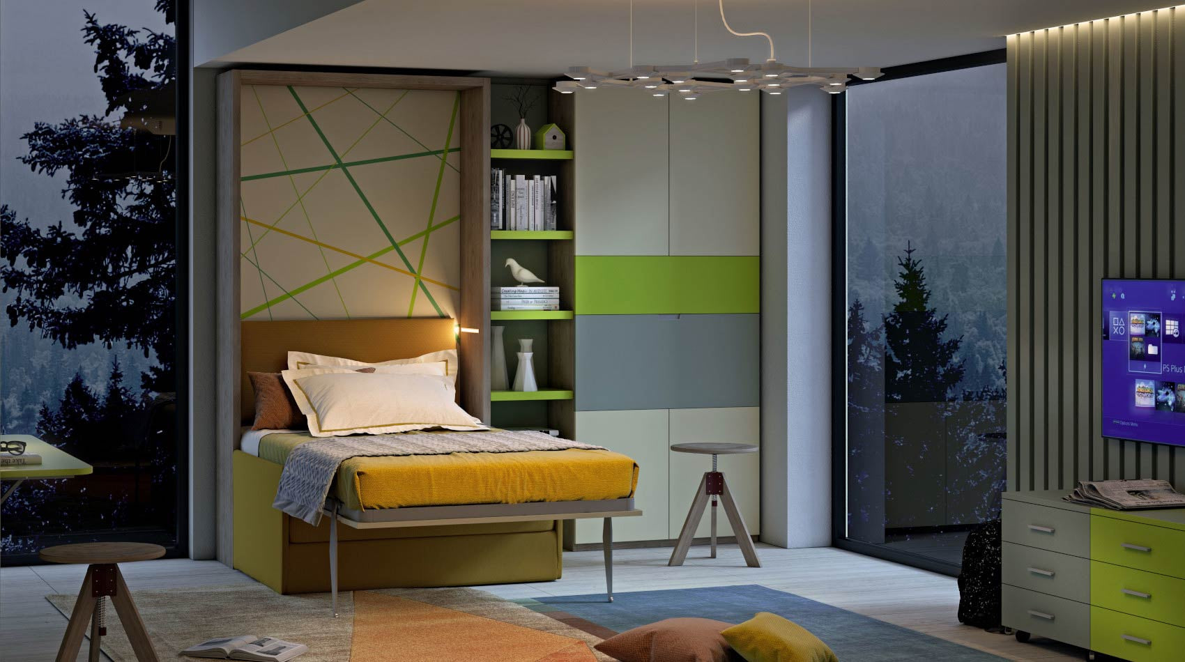 Modern bedroom with a sofa wall bed, shelves and the Smart Office.