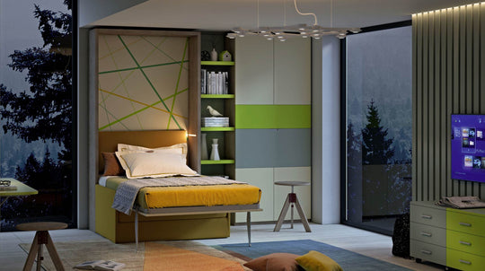 Modern bedroom with a sofa wall bed, shelves and the Smart Office.