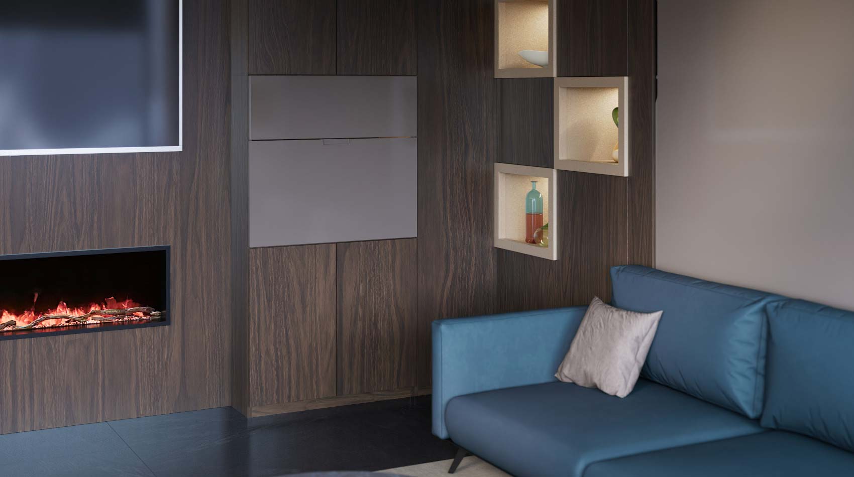 Modern living room with a blue sofa, wooden wall with built-in Home Office, shelves and a fireplace.