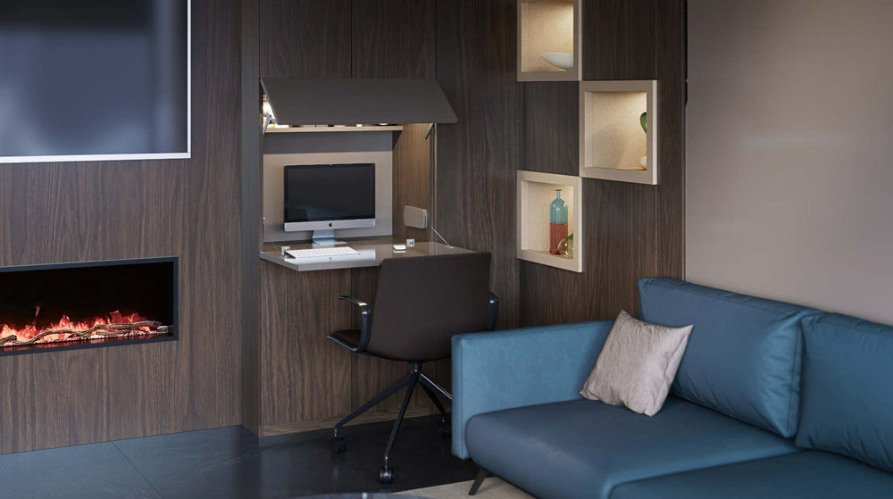 Modern living room with blue City sofa wall bed and Home Office.
