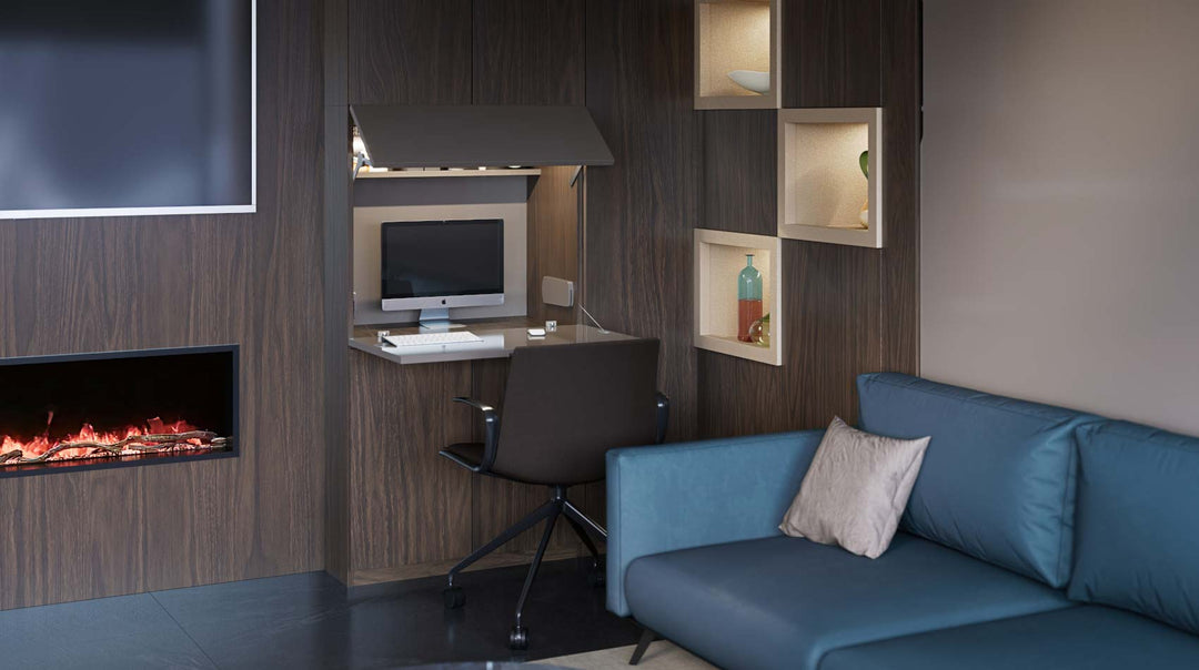 Modern living room with blue City sofa wall bed and Home Office.
