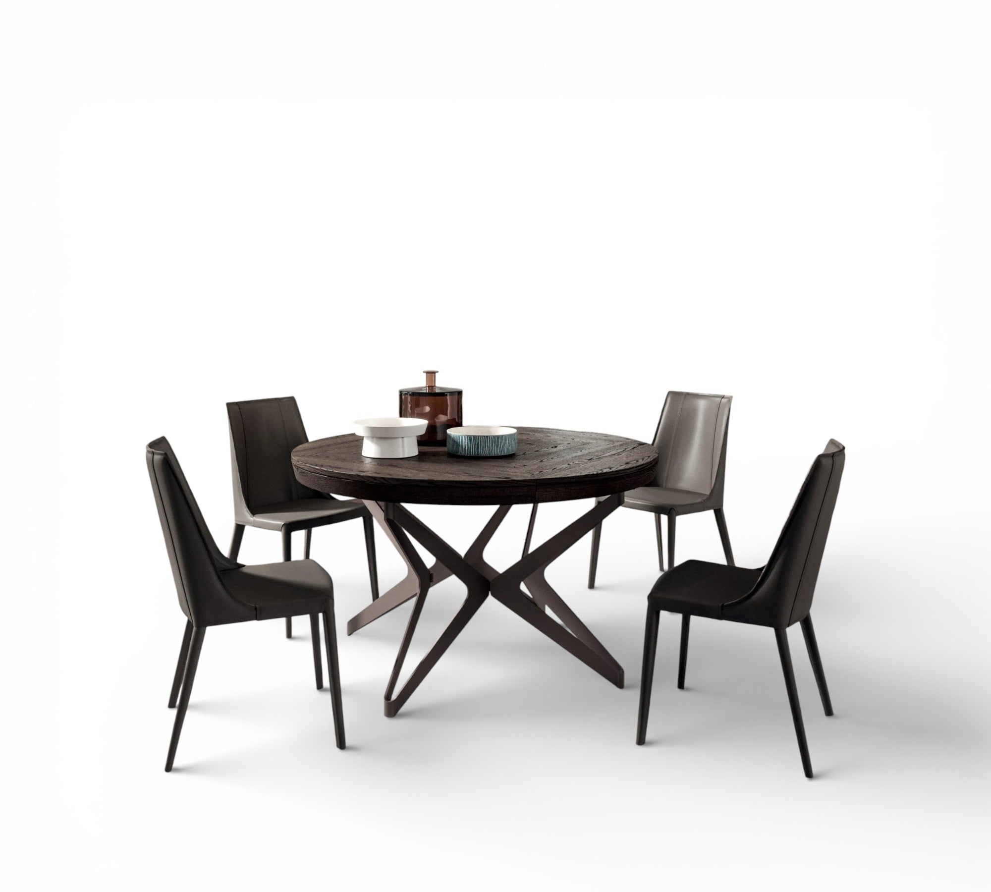 Big Round dining table with four chairs on a white background